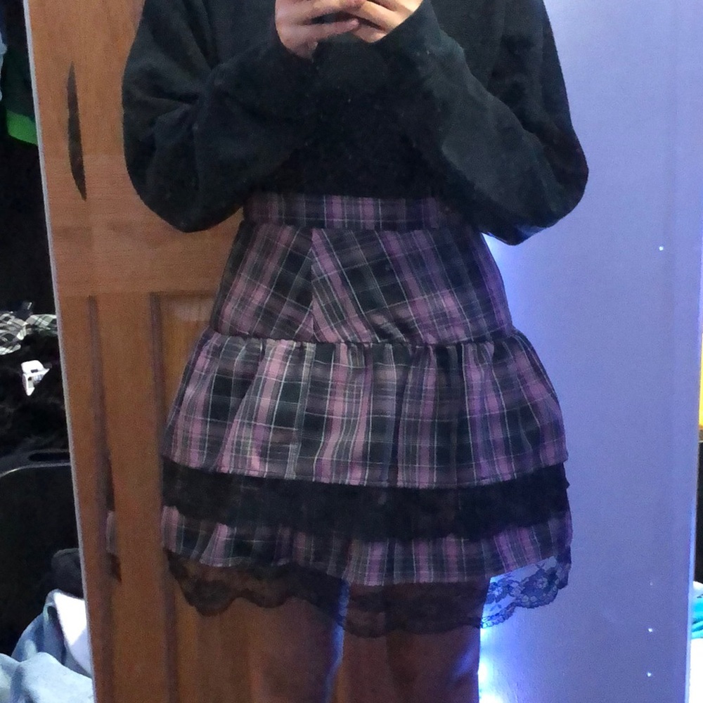 pink plaid skirt with lace trim